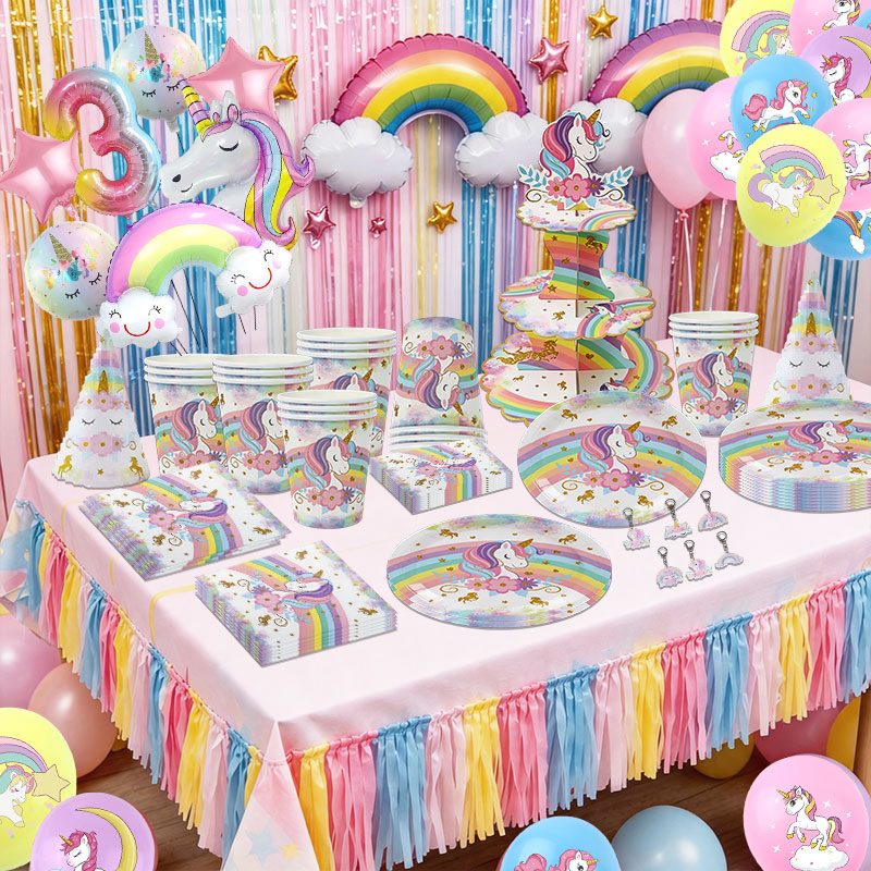 Table Cloth Disposable - Unicorn Theme Birthday Decoration Set Rainbow